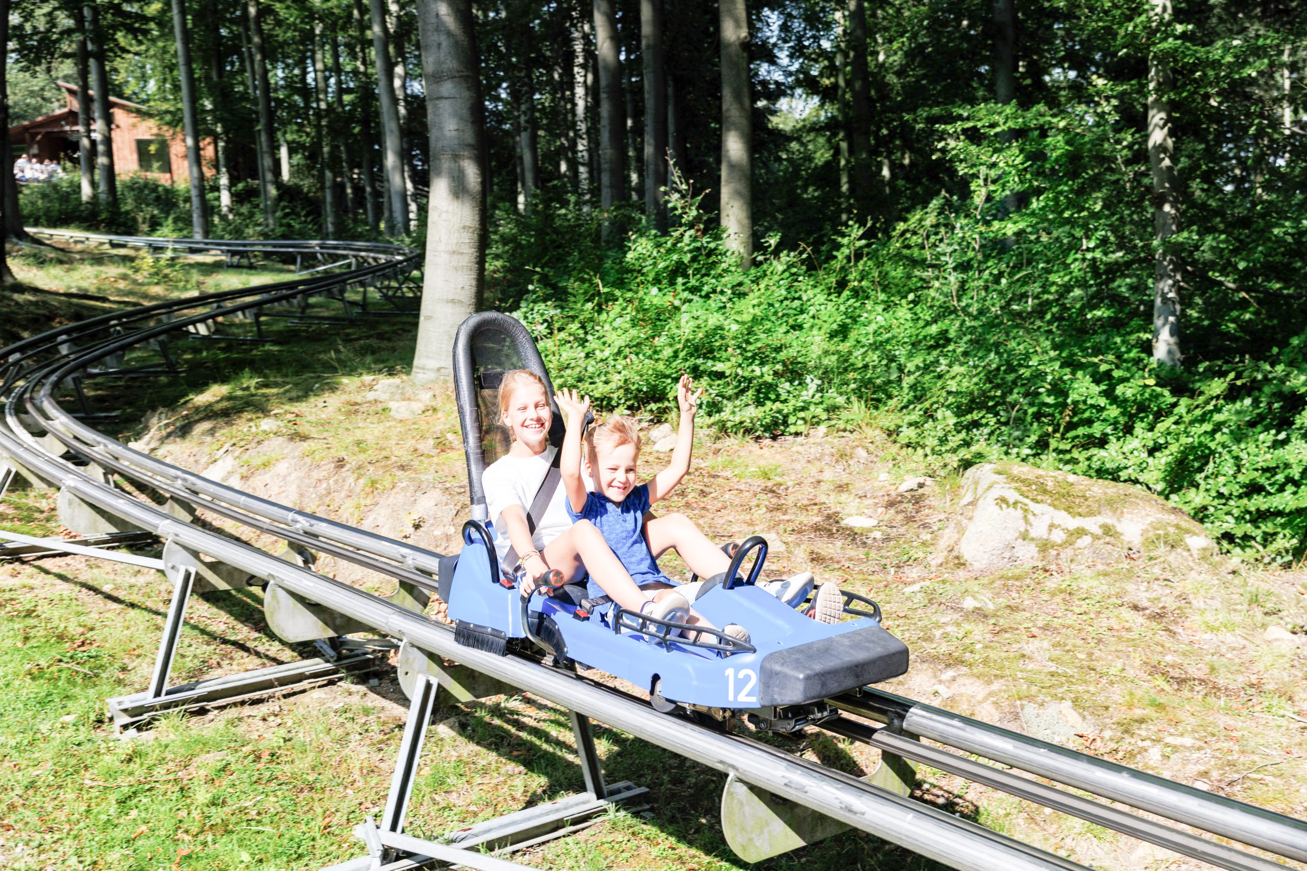 An adult and a child ride a blue alpine coaster through a sunny, wooded area—both smiling and raising their hands in excitement, as they enjoy one of the many thrilling attractions comparable to those found on top cruise liners.