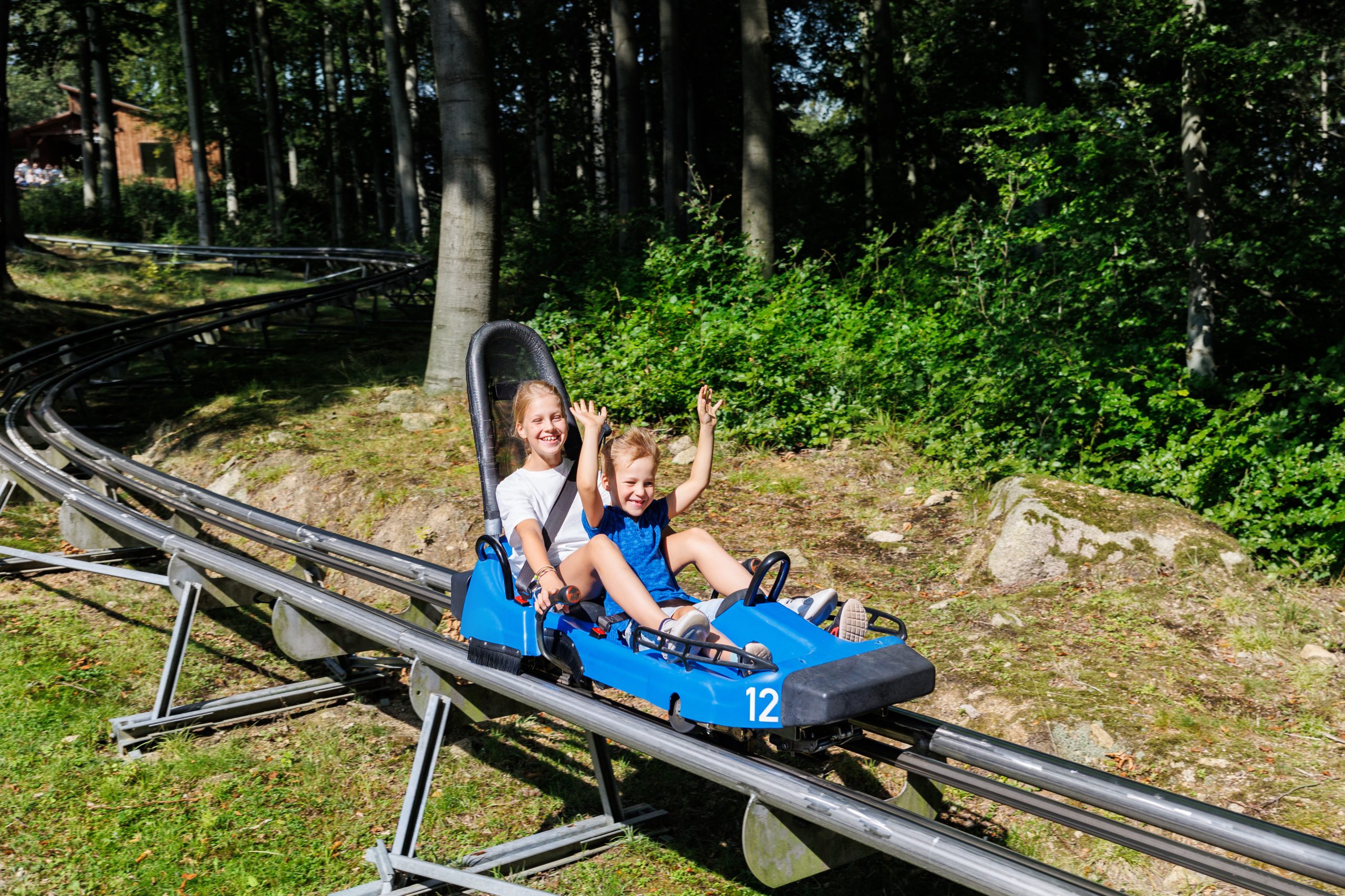 Two people, an adult and a child, ride together in a blue rollercoaster car on outdoor tracks through a wooded area, both smiling and raising their hands in excitement—a thrilling example of the attractions found near popular cruise line destinations.