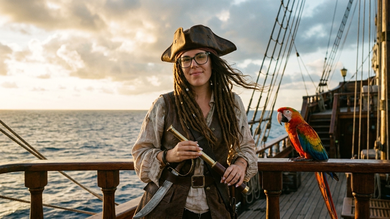 A person dressed as a pirate with long dreadlocks and glasses stands on a ship deck at sea, holding a sword, with a colourful parrot perched on the railing beside them at sunset, as if exploring an adventurous API Playground of the open ocean.