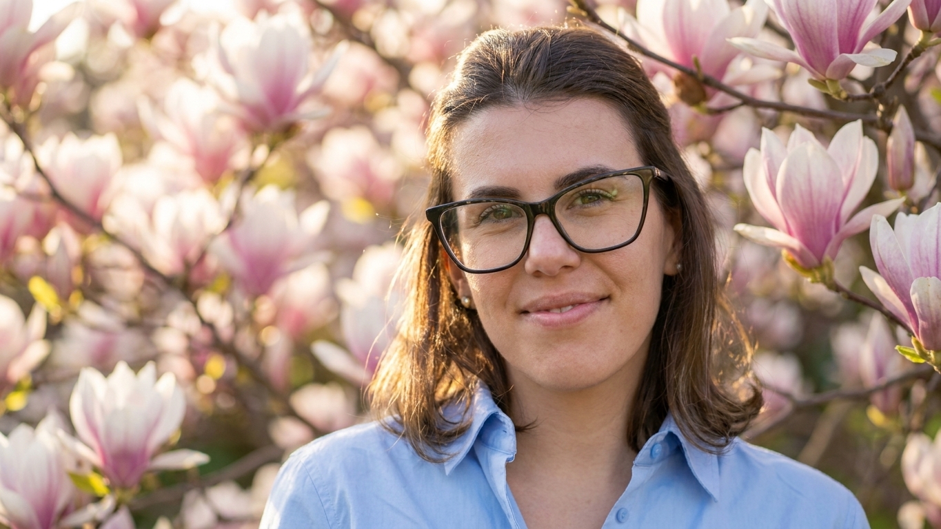 A woman with brown hair and glasses, wearing a light blue shirt, smiles softly whilst standing in front of blooming pink and white magnolia flowers on a sunny day, evoking the vibrant creativity of an API Playground.