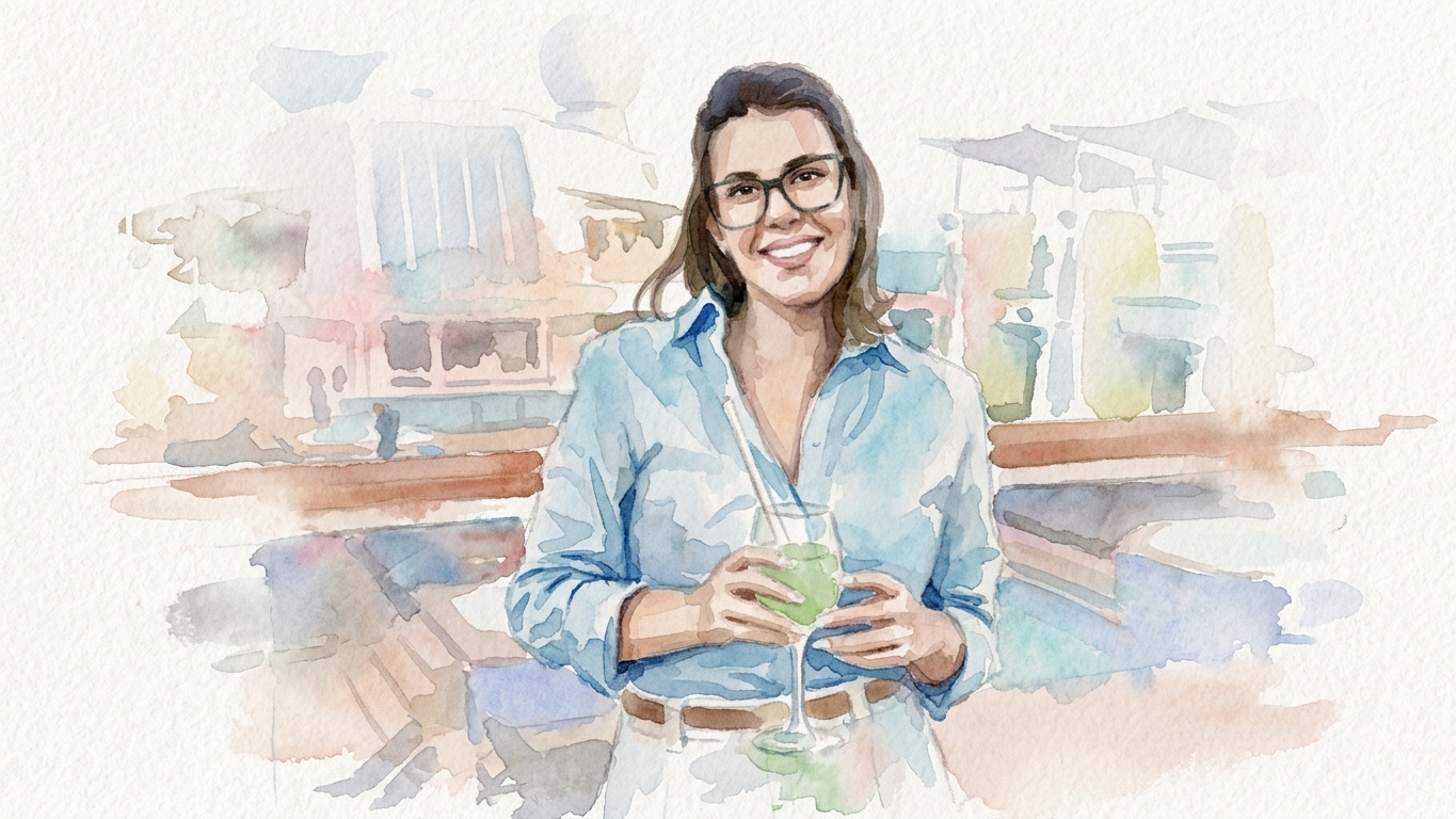 A watercolour-style illustration of a woman with glasses, smiling and holding a green drink, stands outdoors with buildings and umbrellas in the blurred background—capturing the relaxed atmosphere much like an afternoon spent brainstorming in an API Playground.