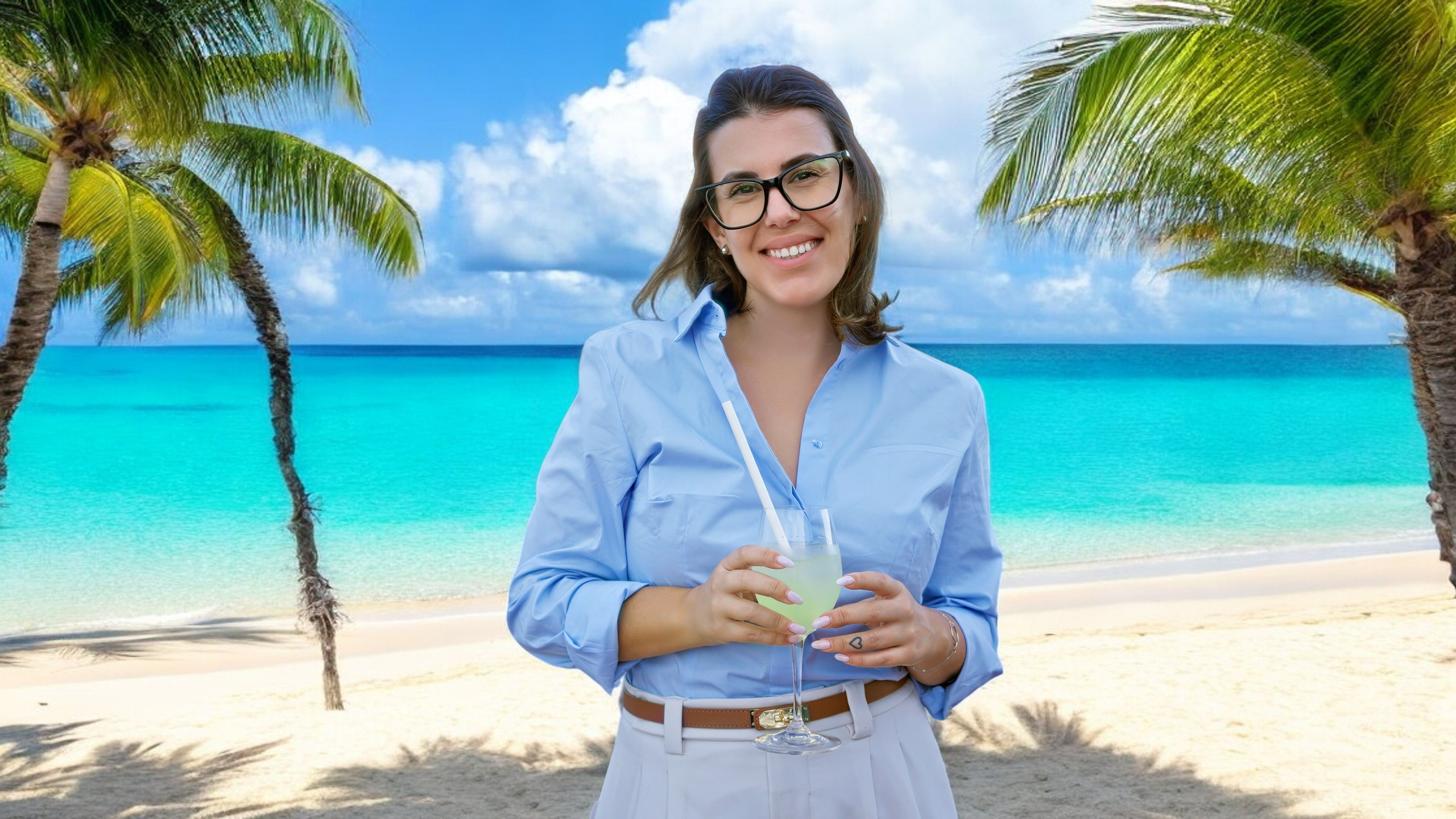 A woman in glasses smiles whilst holding a drink on a sandy beach, with palm trees and turquoise sea water in the background under a partly cloudy sky, as if she’s relaxing in her own personal API Playground.