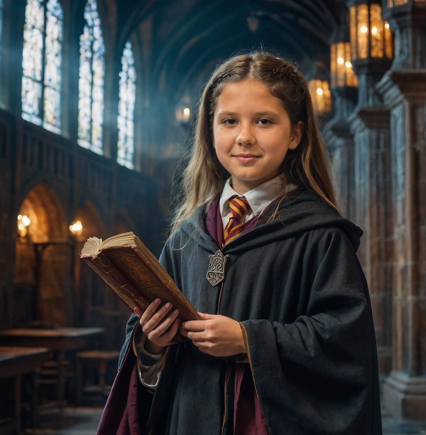 A young girl in a wizard's robe holds an open book, standing in a grand, stone hall with tall windows and glowing lanterns. She smiles confidently, evoking a magical, academic atmosphere reminiscent of exploring an API Playground filled with endless possibilities.