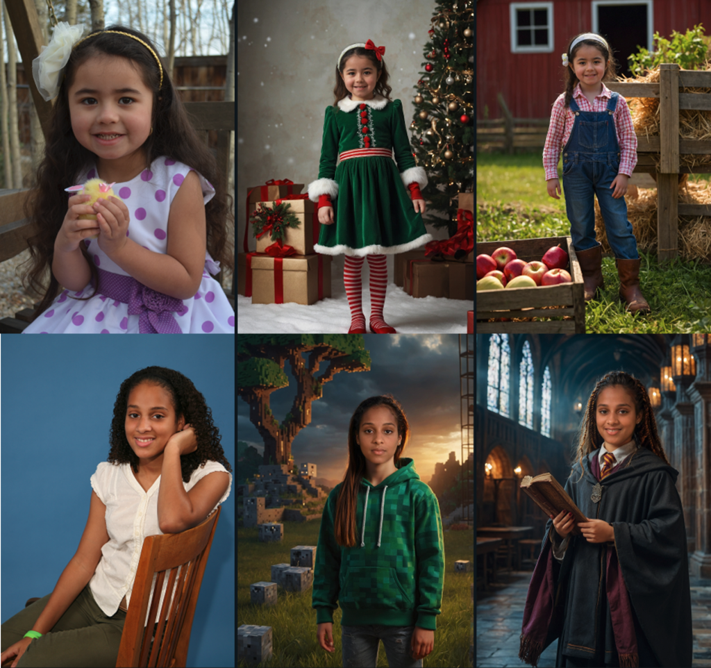 A girl at different ages and settings—showcasing moments like holding a chick, posing in a Christmas dress, enjoying time on a farm, seated in a studio, wearing a green hoodie, and dressed as a wizard in a grand hall—these memories can be made even more fun with creative touches using photo face swap techniques.