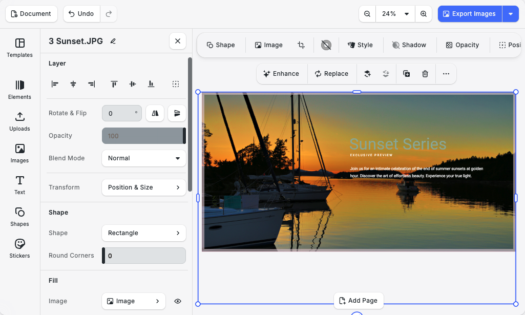 Screenshot of a graphic design tool editing an image of sailboats at sunset. The text Sunset Series is overlaid on the image, along with a description about experiencing sunsets from a sailboat.