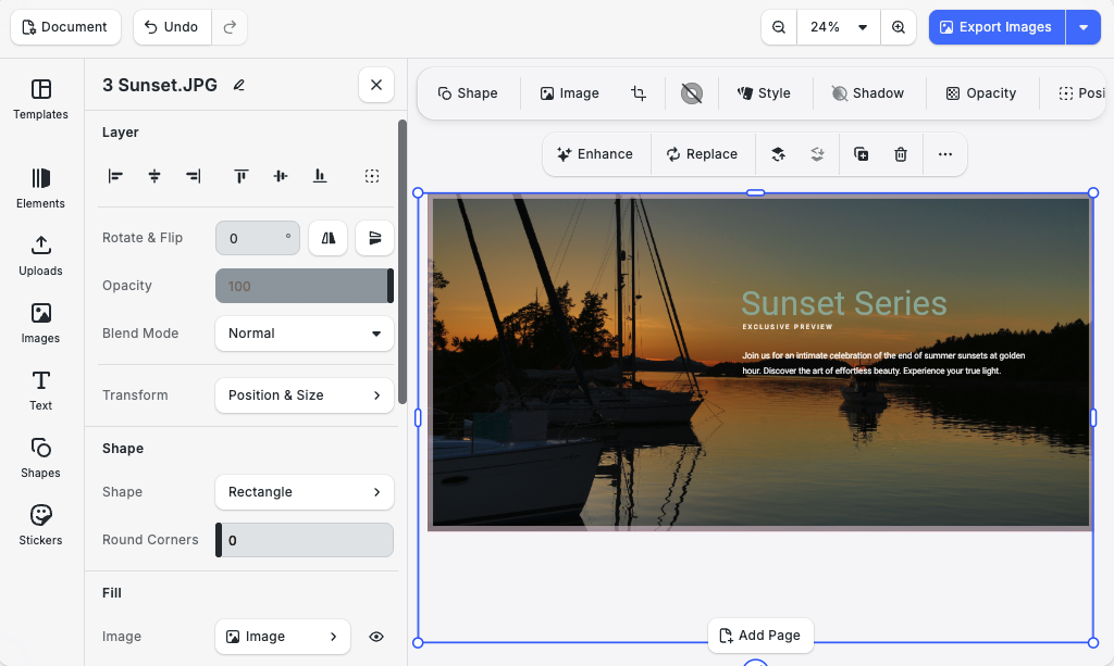 a graphic design editor with a sunset photo featuring sailboats on water. Text on the image reads Sunset Series and a subtitle. Editing tools and options are visible around the workspace.
