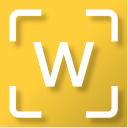 A bold white letter W is centred on a yellow background, surrounded by four white corner brackets forming a square frame.