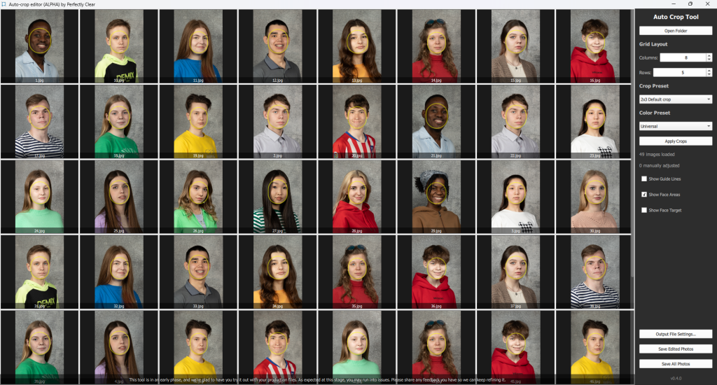 A grid of student portraits, each in a separate cell, with various expressions and clothing. On the right is an interface labelled Auto Crop Tool with settings and buttons.