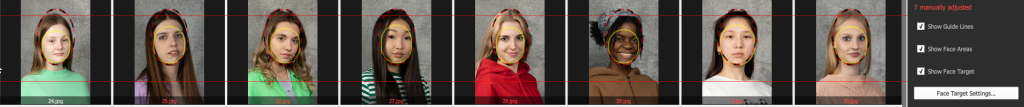 A row of diverse women's portraits with red and yellow face outlines and red grid lines, displayed on a software interface with various options on the right.