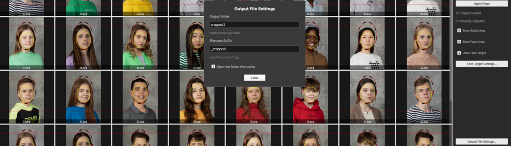 A settings pop-up labelled Output File Settings appears over a grid of portrait photos, each outlined with red rectangles. The pop-up contains fields for output folder and filename suffix.