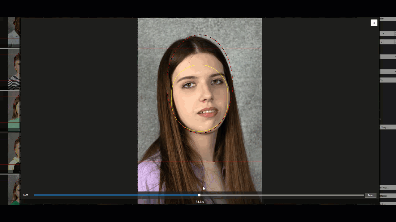 A computer screen displays a portrait of a young woman with long brown hair, overlaid with facial analysis markings, including circles and lines outlining her face. The background is grey.
