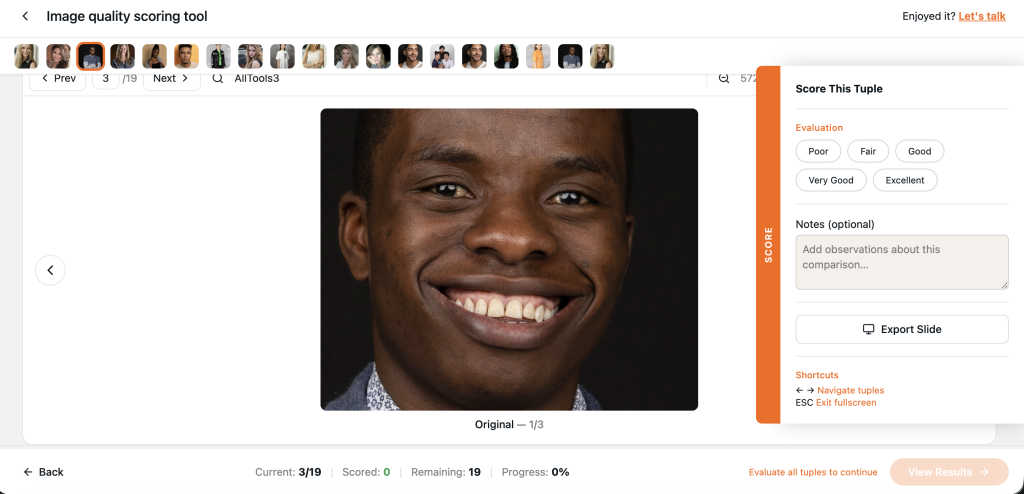A close-up of a smiling person in a scoring tool interface with navigation buttons, small profile images at the top, and a scoring panel on the right.